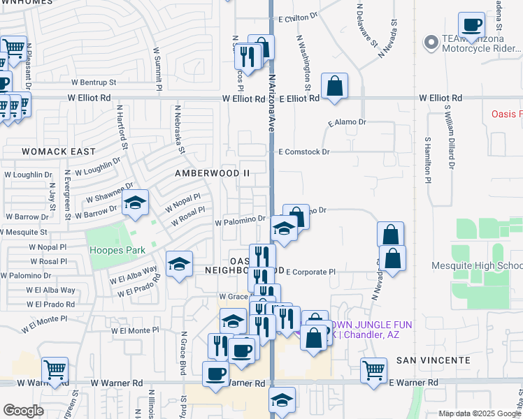 map of restaurants, bars, coffee shops, grocery stores, and more near 102 West Palomino Drive in Chandler