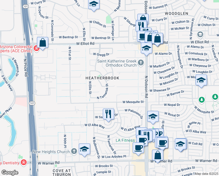 map of restaurants, bars, coffee shops, grocery stores, and more near 2571 North Tamarisk Street in Chandler