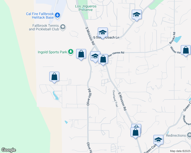 map of restaurants, bars, coffee shops, grocery stores, and more near Olive Hill Road in Fallbrook