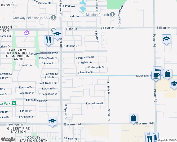 map of restaurants, bars, coffee shops, grocery stores, and more near 4259 East Rawhide Street in Gilbert