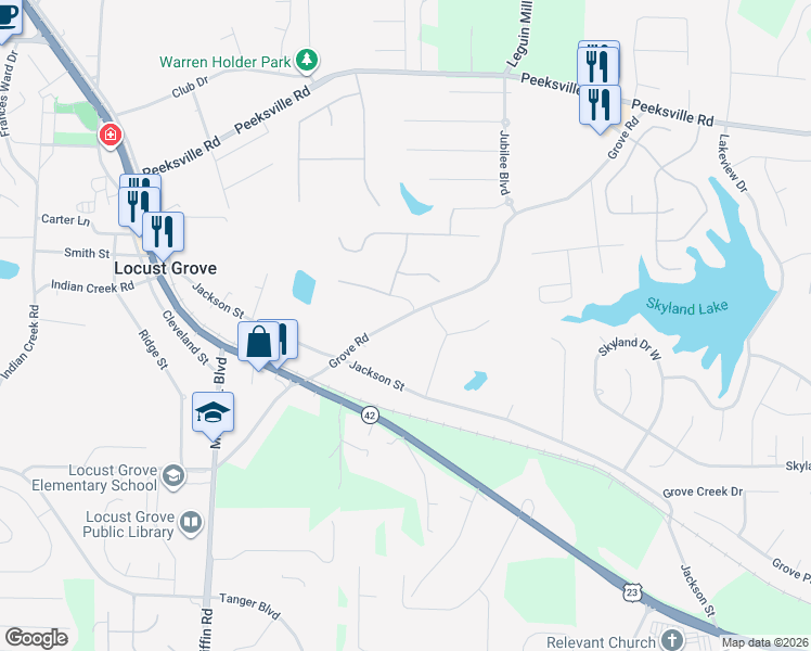 map of restaurants, bars, coffee shops, grocery stores, and more near 45 Fuller Road in Locust Grove