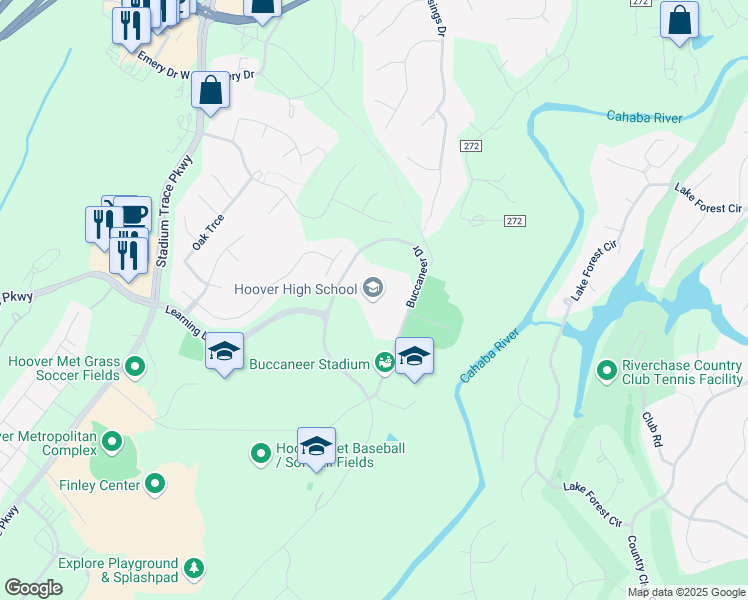 map of restaurants, bars, coffee shops, grocery stores, and more near 1000 Buccaneer Drive in Hoover