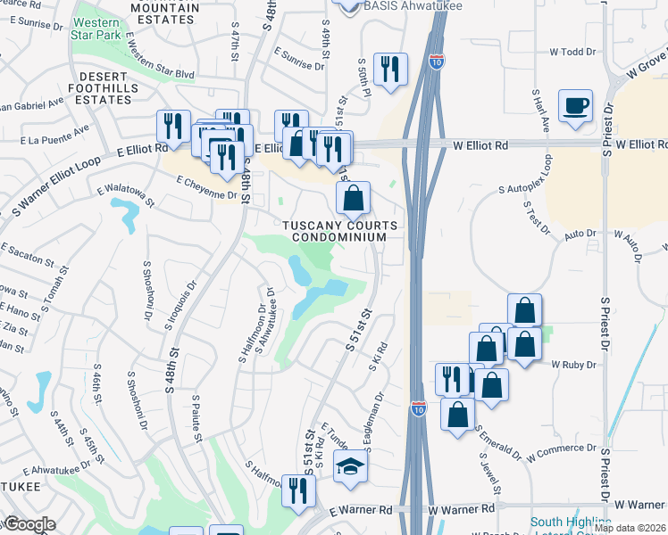 map of restaurants, bars, coffee shops, grocery stores, and more near 5005 East Mesquite Wood Court in Phoenix