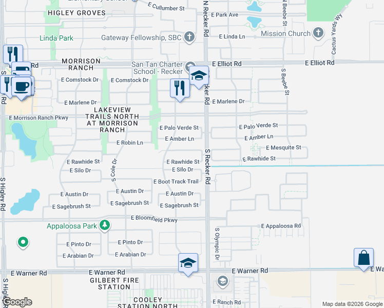 map of restaurants, bars, coffee shops, grocery stores, and more near 3976 East Rawhide Street in Gilbert