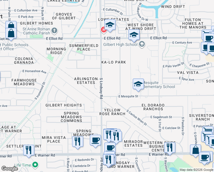 map of restaurants, bars, coffee shops, grocery stores, and more near 339 South Lindsay Road in Gilbert