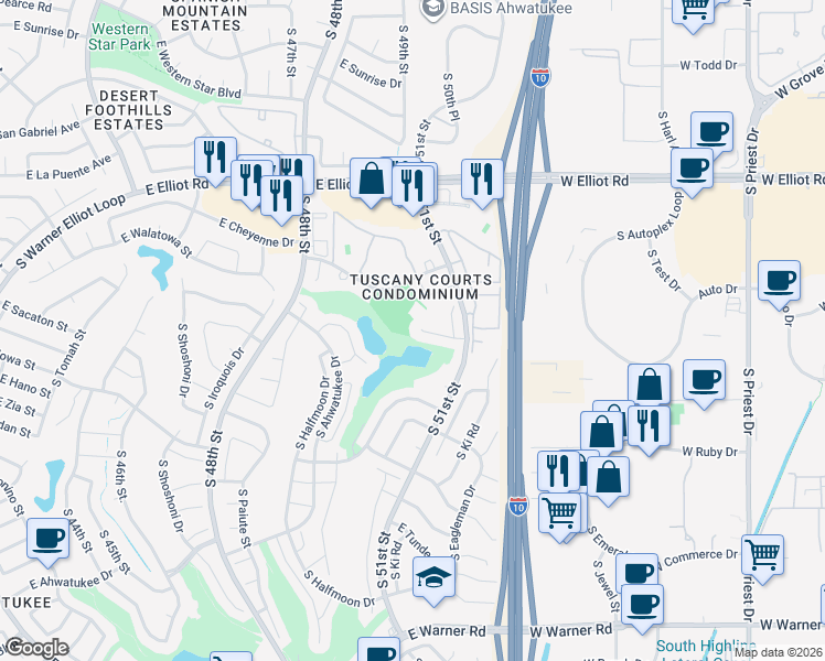 map of restaurants, bars, coffee shops, grocery stores, and more near 5005 East Mesquite Wood Court in Phoenix