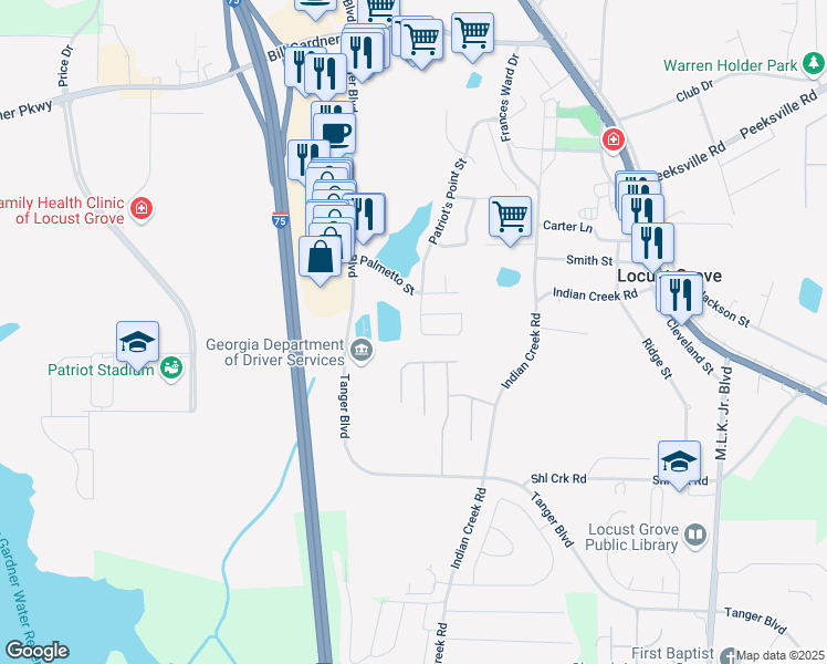 map of restaurants, bars, coffee shops, grocery stores, and more near 414 Pearl Street in Locust Grove