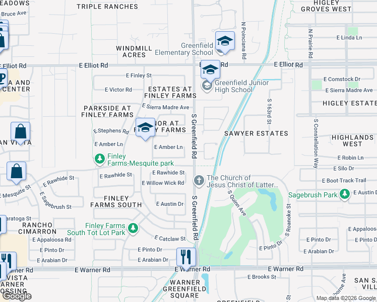 map of restaurants, bars, coffee shops, grocery stores, and more near 2345 East Robin Lane in Gilbert