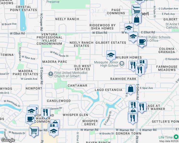 map of restaurants, bars, coffee shops, grocery stores, and more near 350 West Laredo Avenue in Gilbert