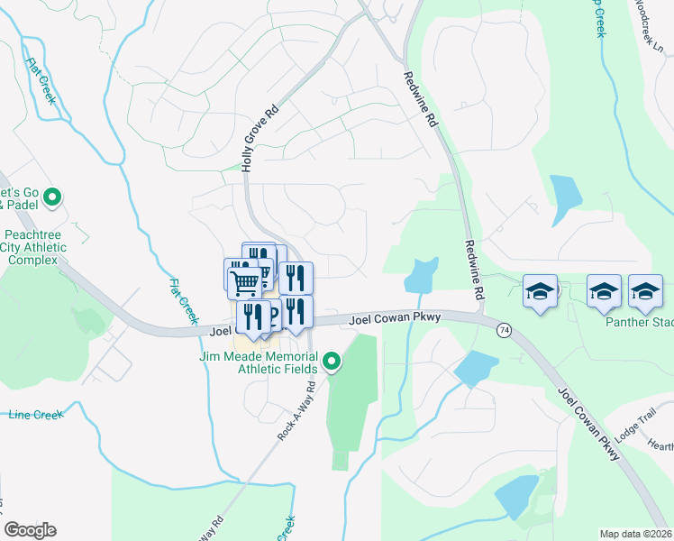 map of restaurants, bars, coffee shops, grocery stores, and more near 104 Holly Springs Drive in Peachtree City