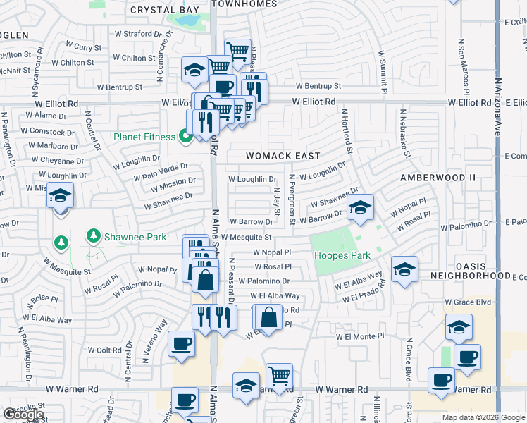 map of restaurants, bars, coffee shops, grocery stores, and more near 903 West Barrow Drive in Chandler