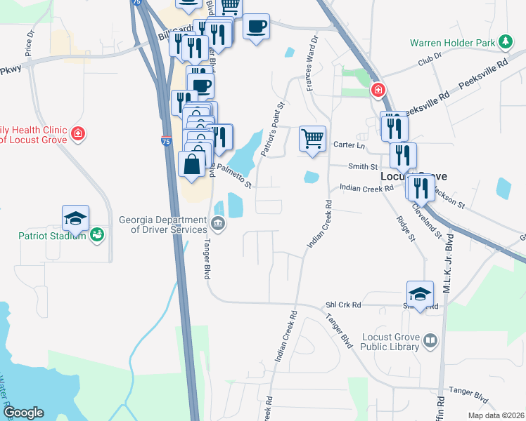 map of restaurants, bars, coffee shops, grocery stores, and more near 423 Pearl Street in Locust Grove