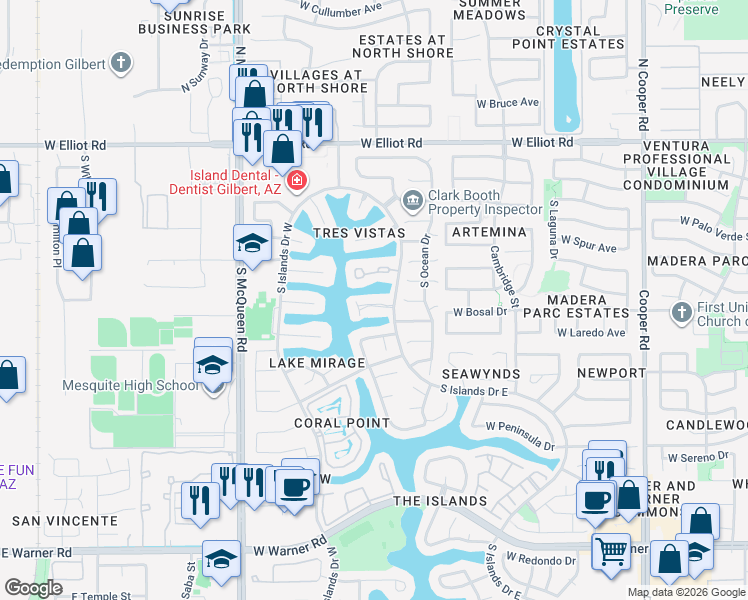map of restaurants, bars, coffee shops, grocery stores, and more near 1341 West Windrift Way in Gilbert