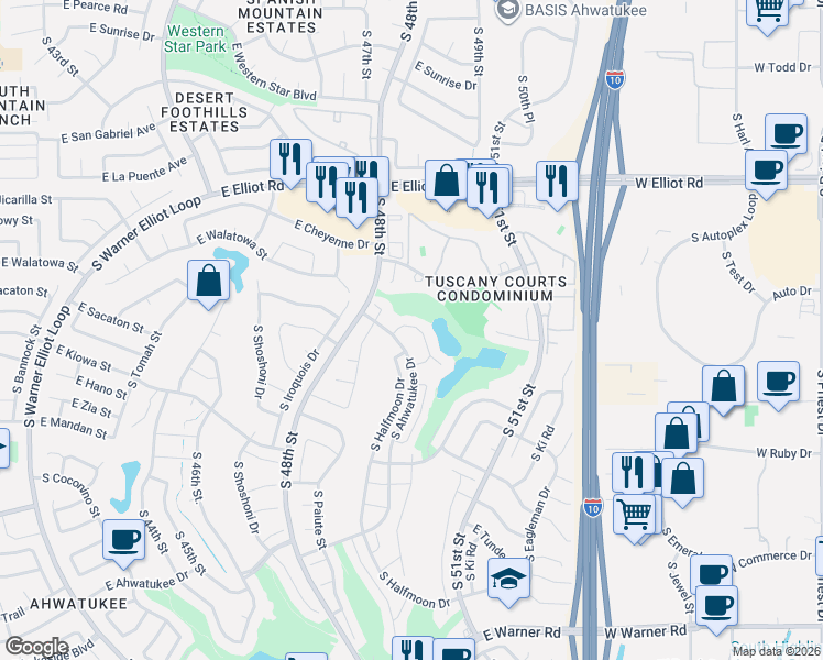 map of restaurants, bars, coffee shops, grocery stores, and more near 11441 South Ahwatukee Drive in Phoenix
