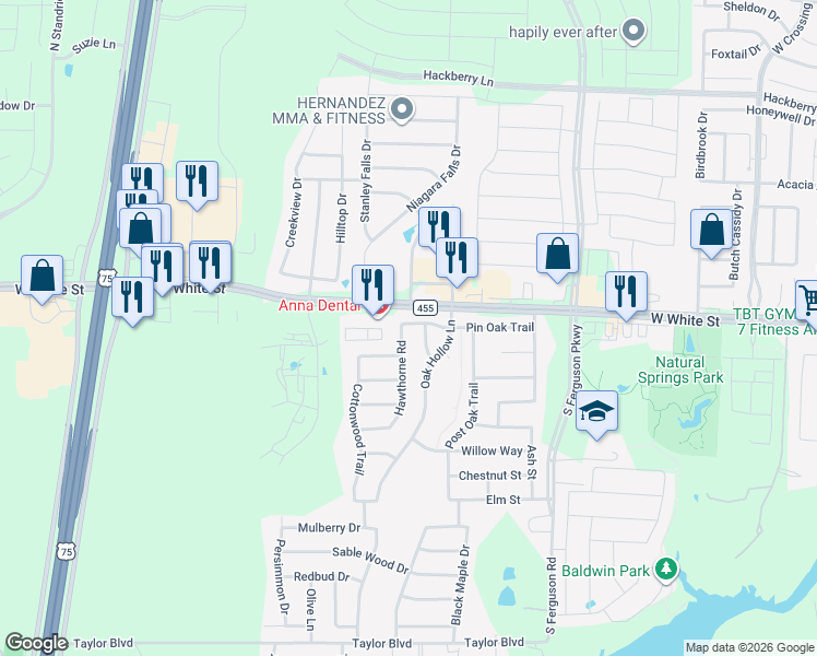 map of restaurants, bars, coffee shops, grocery stores, and more near 821 Hawthorne Road in Anna