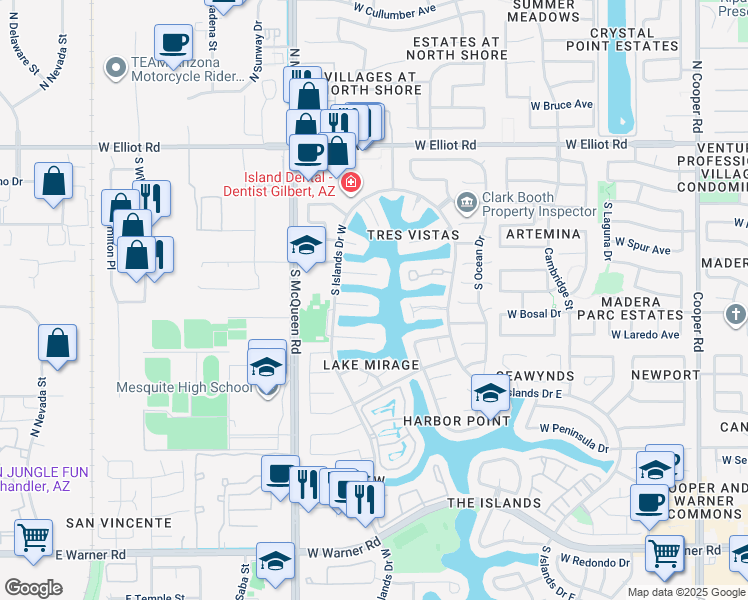 map of restaurants, bars, coffee shops, grocery stores, and more near 1426 West Key Largo Court in Gilbert