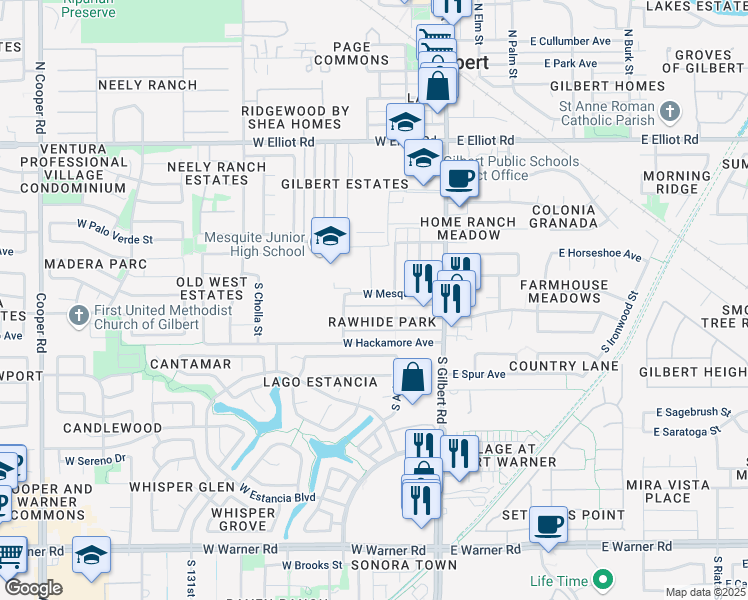 map of restaurants, bars, coffee shops, grocery stores, and more near 100 West Mesquite Street in Gilbert