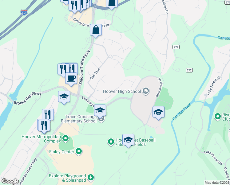 map of restaurants, bars, coffee shops, grocery stores, and more near 109 Maple Trace in Birmingham