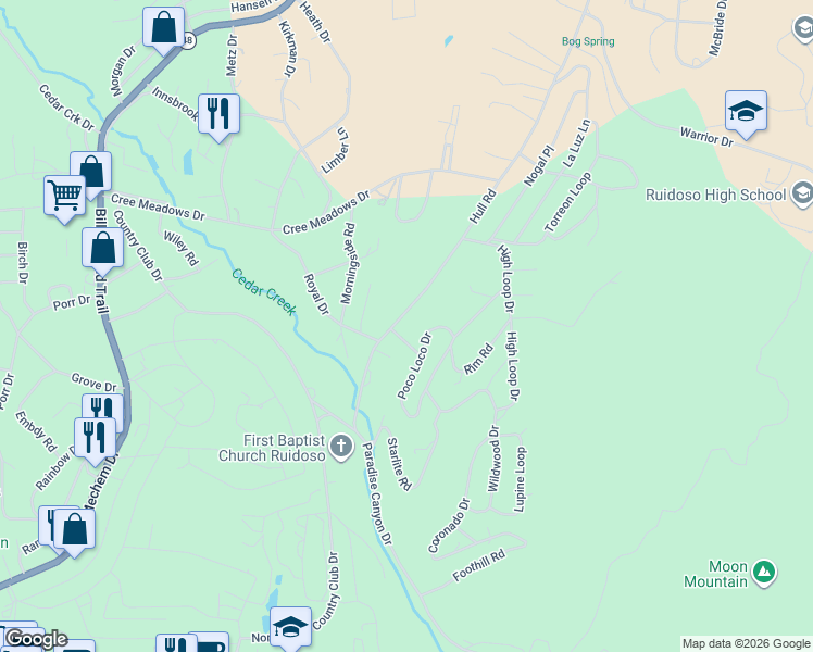 map of restaurants, bars, coffee shops, grocery stores, and more near 201-299 Hull Road in Ruidoso