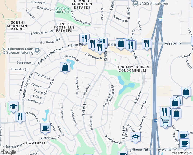 map of restaurants, bars, coffee shops, grocery stores, and more near 4758 East Ahwatukee Drive in Phoenix
