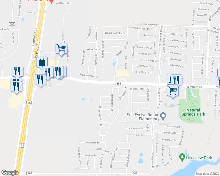 map of restaurants, bars, coffee shops, grocery stores, and more near 802 Hawthorne Road in Anna