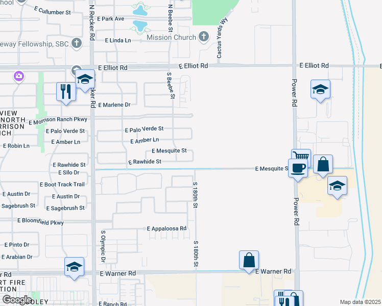 map of restaurants, bars, coffee shops, grocery stores, and more near 4383 East Amber Lane in Gilbert