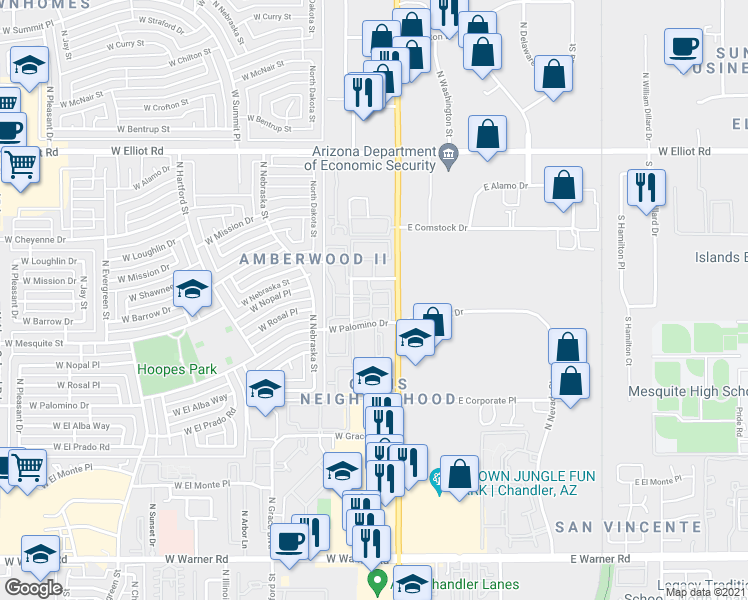 map of restaurants, bars, coffee shops, grocery stores, and more near 12 West Nopal Place in Chandler