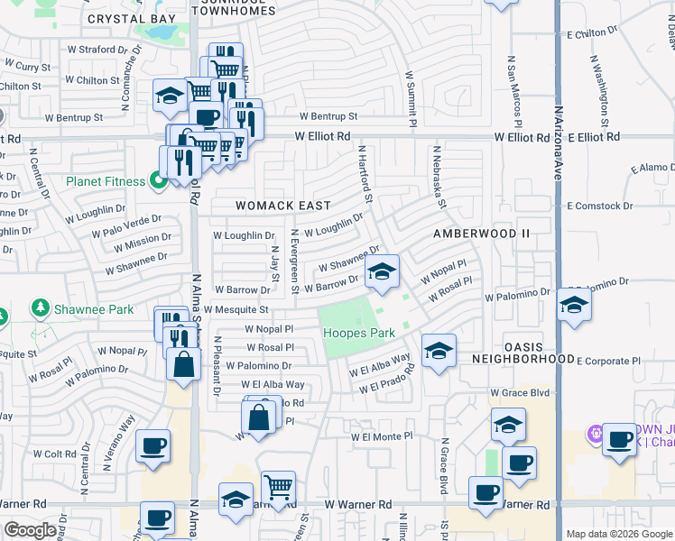map of restaurants, bars, coffee shops, grocery stores, and more near 664 West Shawnee Drive in Chandler