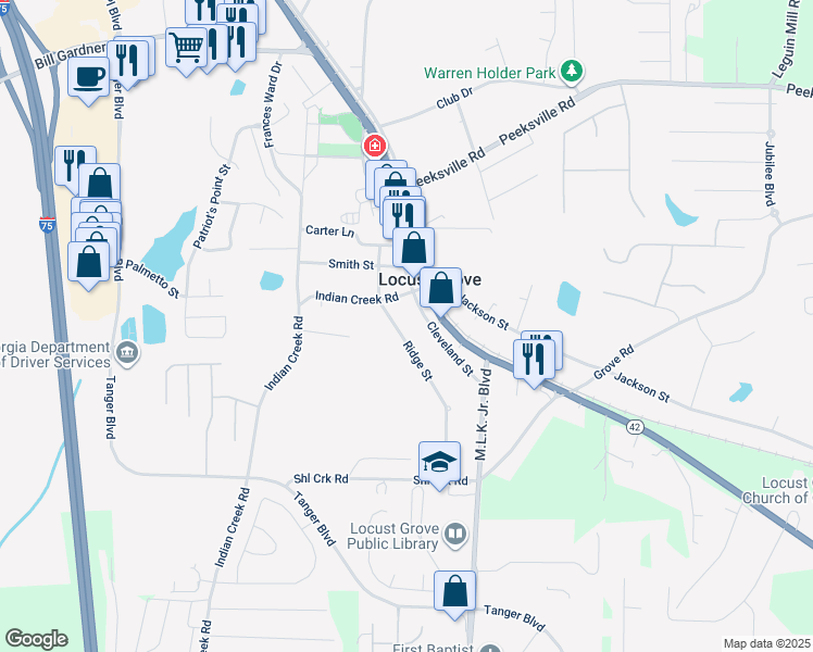 map of restaurants, bars, coffee shops, grocery stores, and more near 230 Cleveland Street in Locust Grove