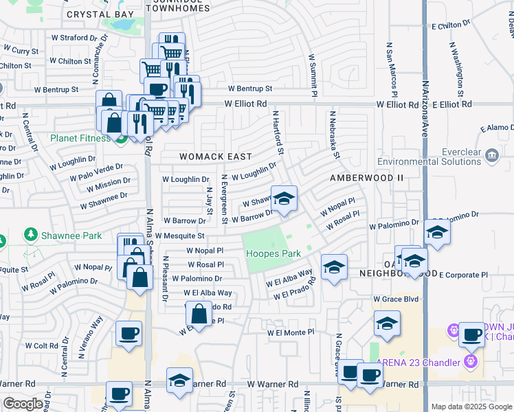 map of restaurants, bars, coffee shops, grocery stores, and more near 664 West Shawnee Drive in Chandler