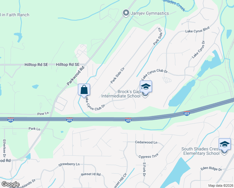 map of restaurants, bars, coffee shops, grocery stores, and more near 5600 Park Side Circle in Birmingham