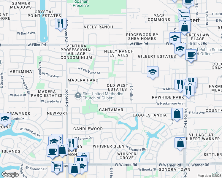 map of restaurants, bars, coffee shops, grocery stores, and more near 501 West Spur Avenue in Gilbert