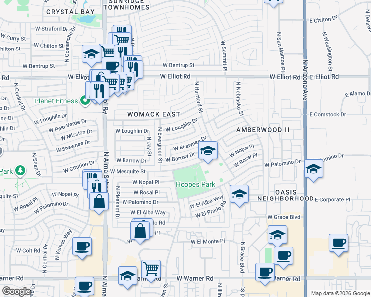 map of restaurants, bars, coffee shops, grocery stores, and more near 664 West Shawnee Drive in Chandler
