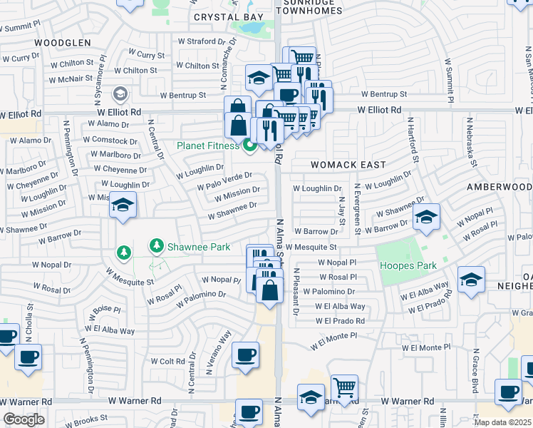 map of restaurants, bars, coffee shops, grocery stores, and more near 2700 North Karen Drive in Chandler