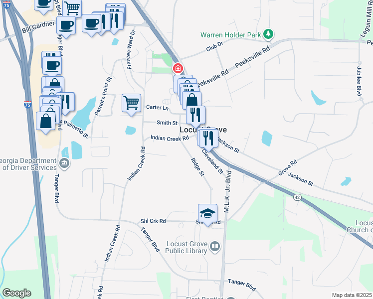 map of restaurants, bars, coffee shops, grocery stores, and more near 60 Ridge Street in Locust Grove