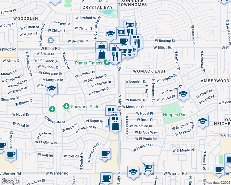 map of restaurants, bars, coffee shops, grocery stores, and more near 2700 North Karen Drive in Chandler