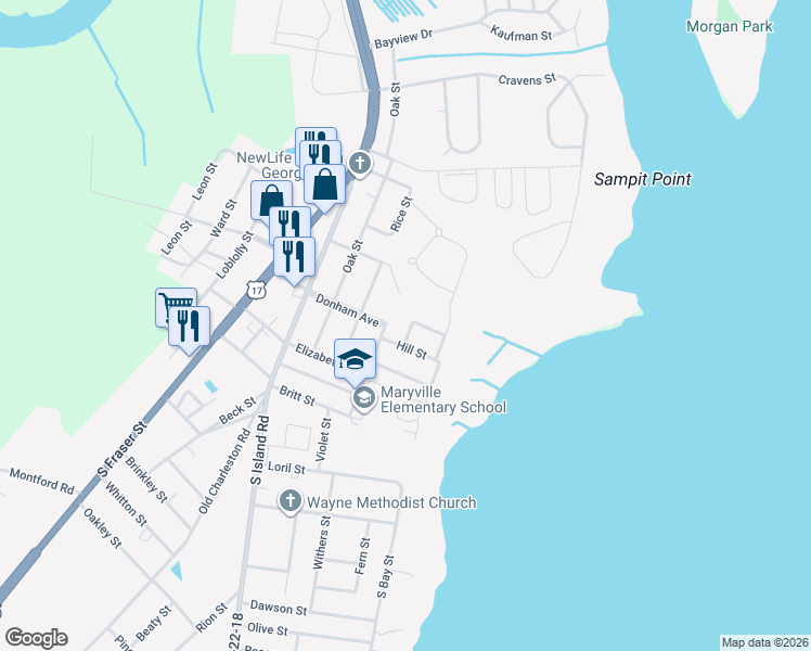 map of restaurants, bars, coffee shops, grocery stores, and more near 418 Sassanqua Drive in Georgetown