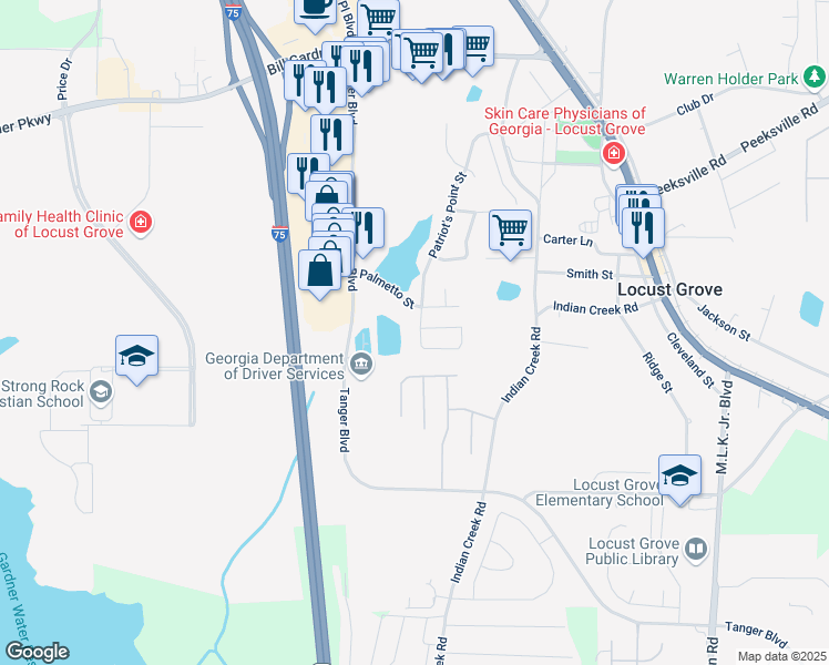 map of restaurants, bars, coffee shops, grocery stores, and more near 408 Pearl Street in Locust Grove