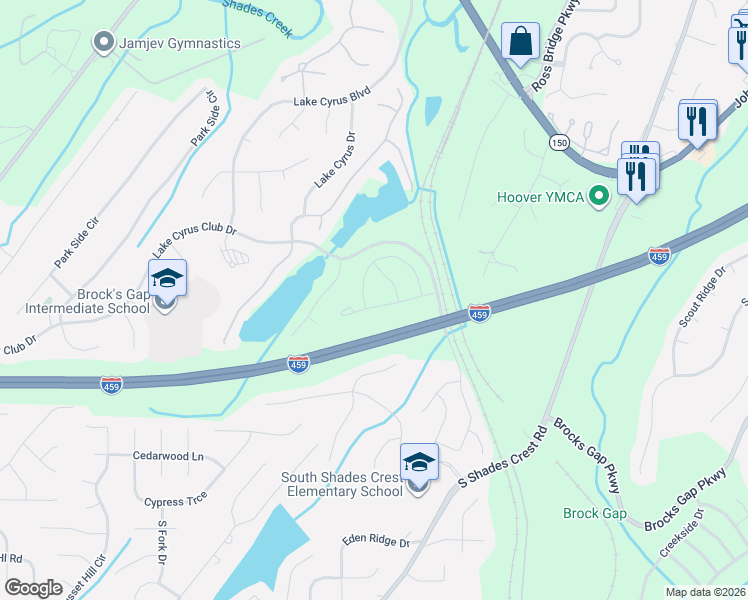 map of restaurants, bars, coffee shops, grocery stores, and more near 1551 Lake Cyrus Club Drive in Hoover
