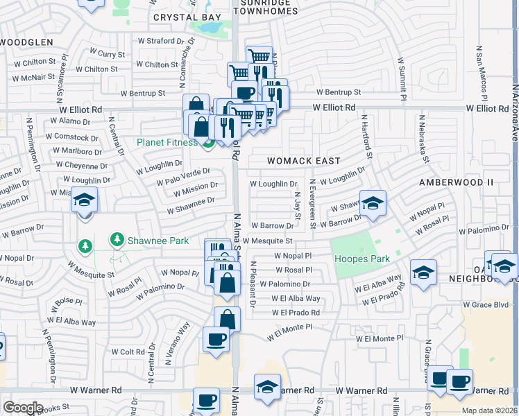 map of restaurants, bars, coffee shops, grocery stores, and more near 2611 North Pleasant Drive in Chandler