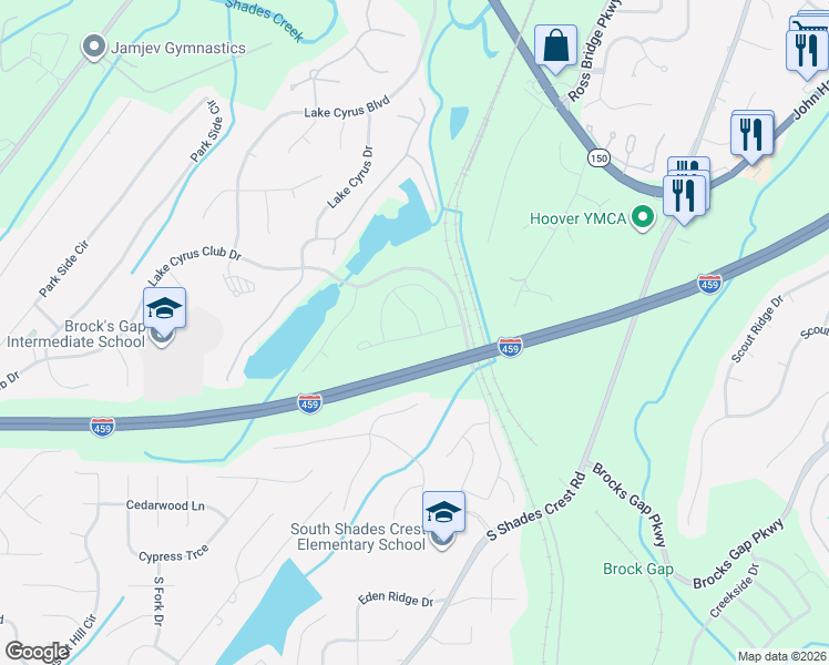 map of restaurants, bars, coffee shops, grocery stores, and more near 1551 Lake Cyrus Club Drive in Hoover