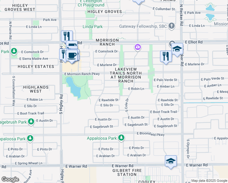 map of restaurants, bars, coffee shops, grocery stores, and more near 3541 East Amber Lane in Gilbert