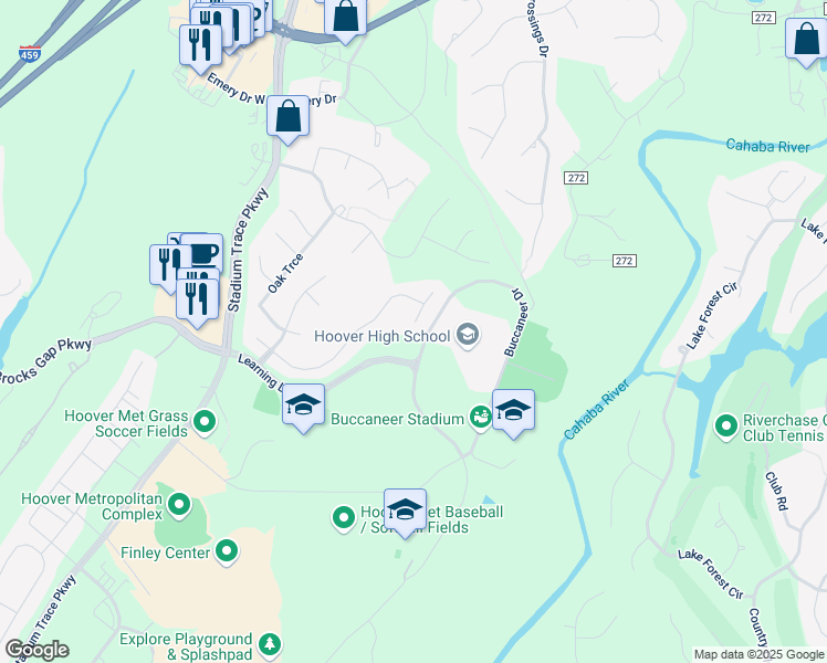 map of restaurants, bars, coffee shops, grocery stores, and more near 62 Maple Trace in Hoover