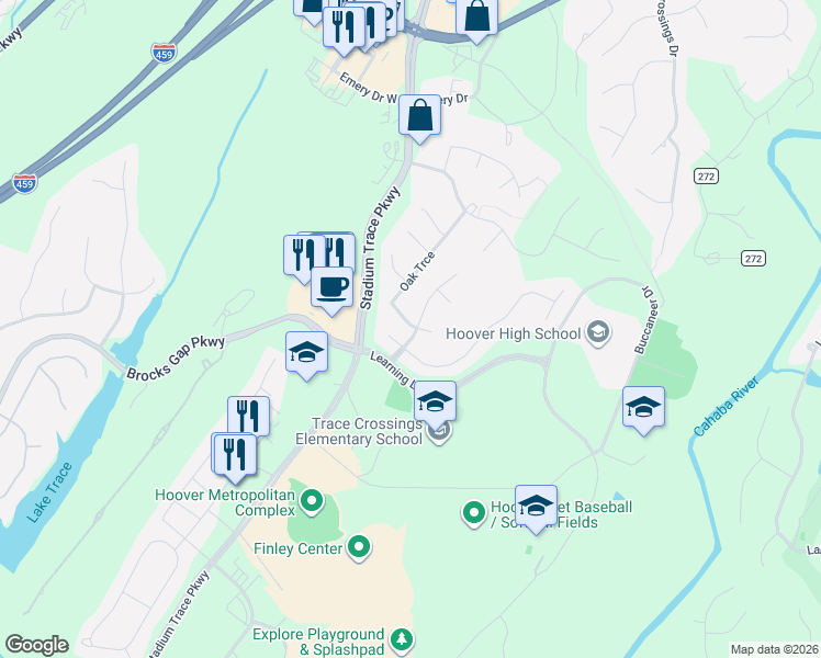 map of restaurants, bars, coffee shops, grocery stores, and more near 5191 Park Trace Drive in Birmingham