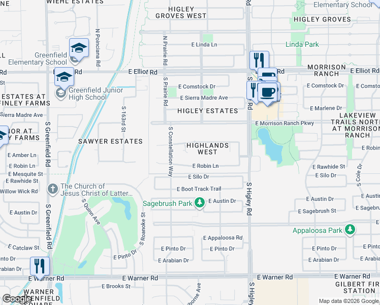 map of restaurants, bars, coffee shops, grocery stores, and more near 284 South Racine Court in Gilbert