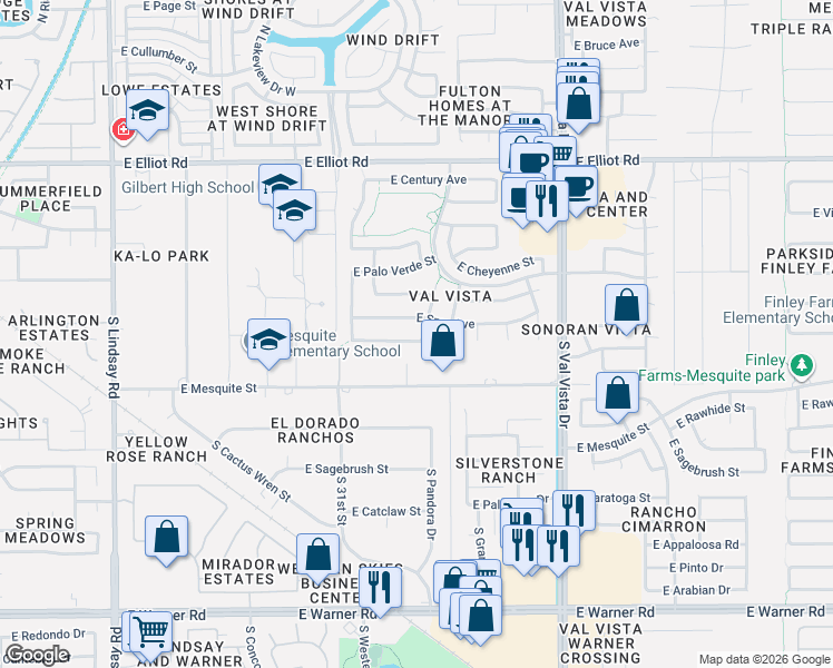 map of restaurants, bars, coffee shops, grocery stores, and more near 1301 East Spur Avenue in Gilbert
