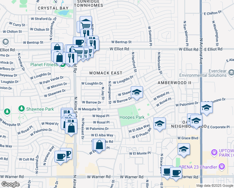 map of restaurants, bars, coffee shops, grocery stores, and more near 687 West Mission Drive in Chandler