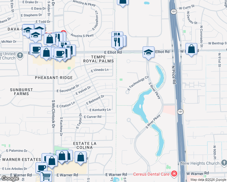 map of restaurants, bars, coffee shops, grocery stores, and more near 1956 East Citation Lane in Tempe