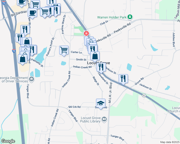 map of restaurants, bars, coffee shops, grocery stores, and more near 60 Ridge Street in Locust Grove