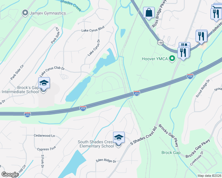 map of restaurants, bars, coffee shops, grocery stores, and more near 1551 Lake Cyrus Club Drive in Hoover